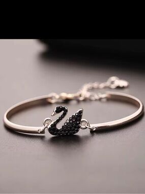 Swan Accent Rose Gold Bracelet with Black Crystal Charm